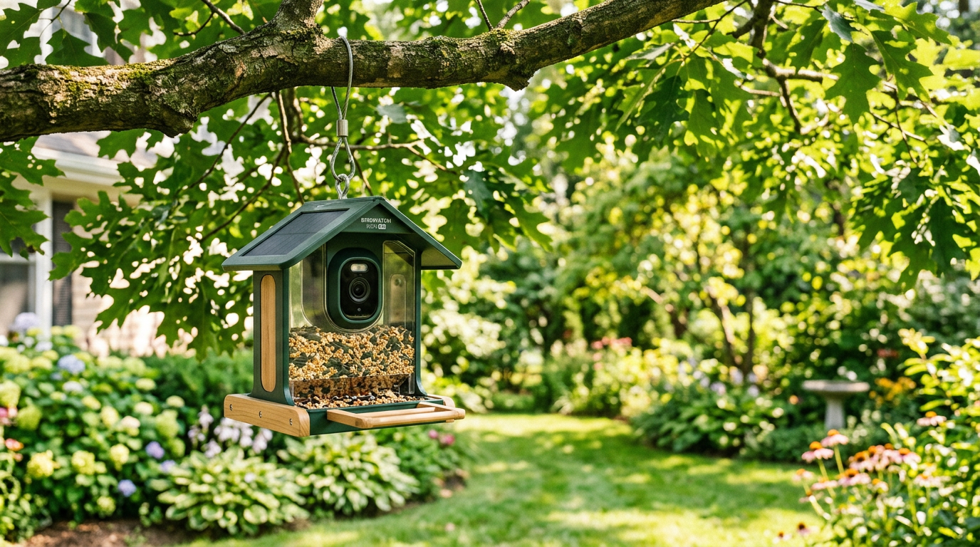 NestView smart camera bird feeder hanging in a garden
